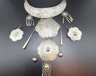 Miao Hmong Silver Tone Necklace Earring Set - Tribal Jewelry
