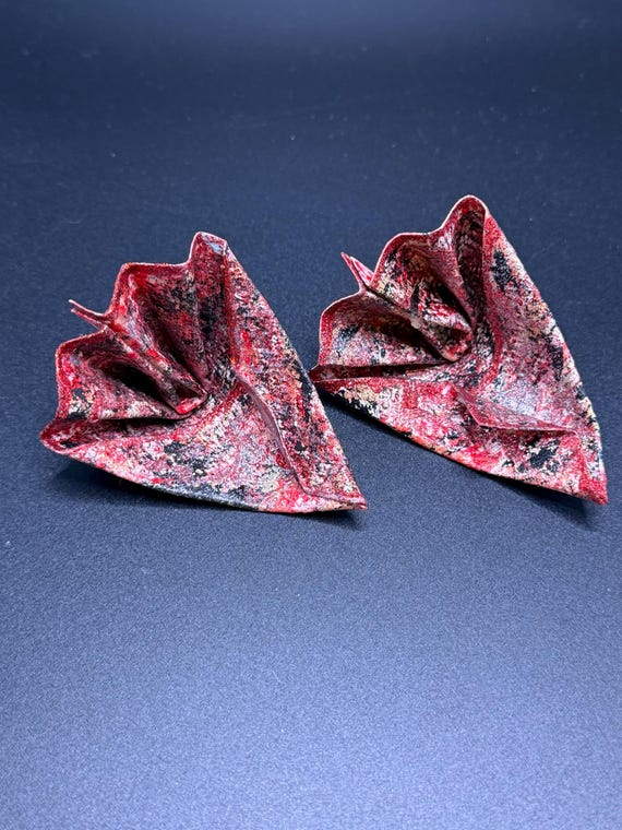 Vintage 1980 hand crafted n signed wild paper origami sturdy pierced earrings