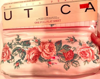 Vintage UTICA FULL FLAT sheet gorgeous pink roses n pink stripes on white deadstock brand new cottage core to the max