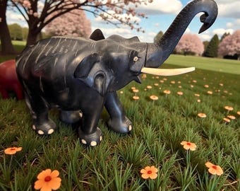 Carved Ebony Wood Elephant Decor - Vintage African Art missing 1 tusk super sale