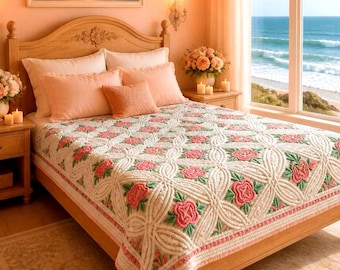 Vintage spectacular lush Chenille Pink flower green leaves on white bedspread quilt QUEEN to KING 98 by 99 in