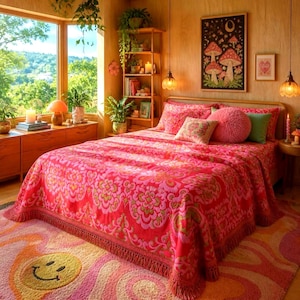 May include: A bedroom featuring a bed with a bright pink and orange floral patterned bedspread with fringe trim, a round pink throw pillow, a square floral pillow, and a green pillow. A rug with a large yellow smiley face sits on the floor.