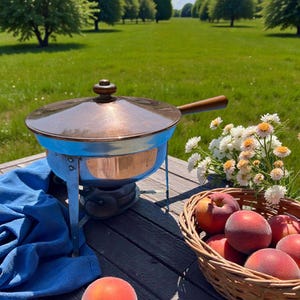 Op de afbeelding: Een koperen en roestvrijstalen warmhoudpan met deksel en een lange houten steel, ondersteund door een metalen standaard. Daarnaast staat een rieten mand gevuld met verse perziken, een losse perzik op het oppervlak en een blauwe doek.