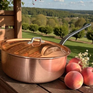 May include: A copper cooking pot with a lid and a long, black handle. The pot is on a wooden surface next to several ripe peaches. The background shows a scenic view of green trees and a blue sky.