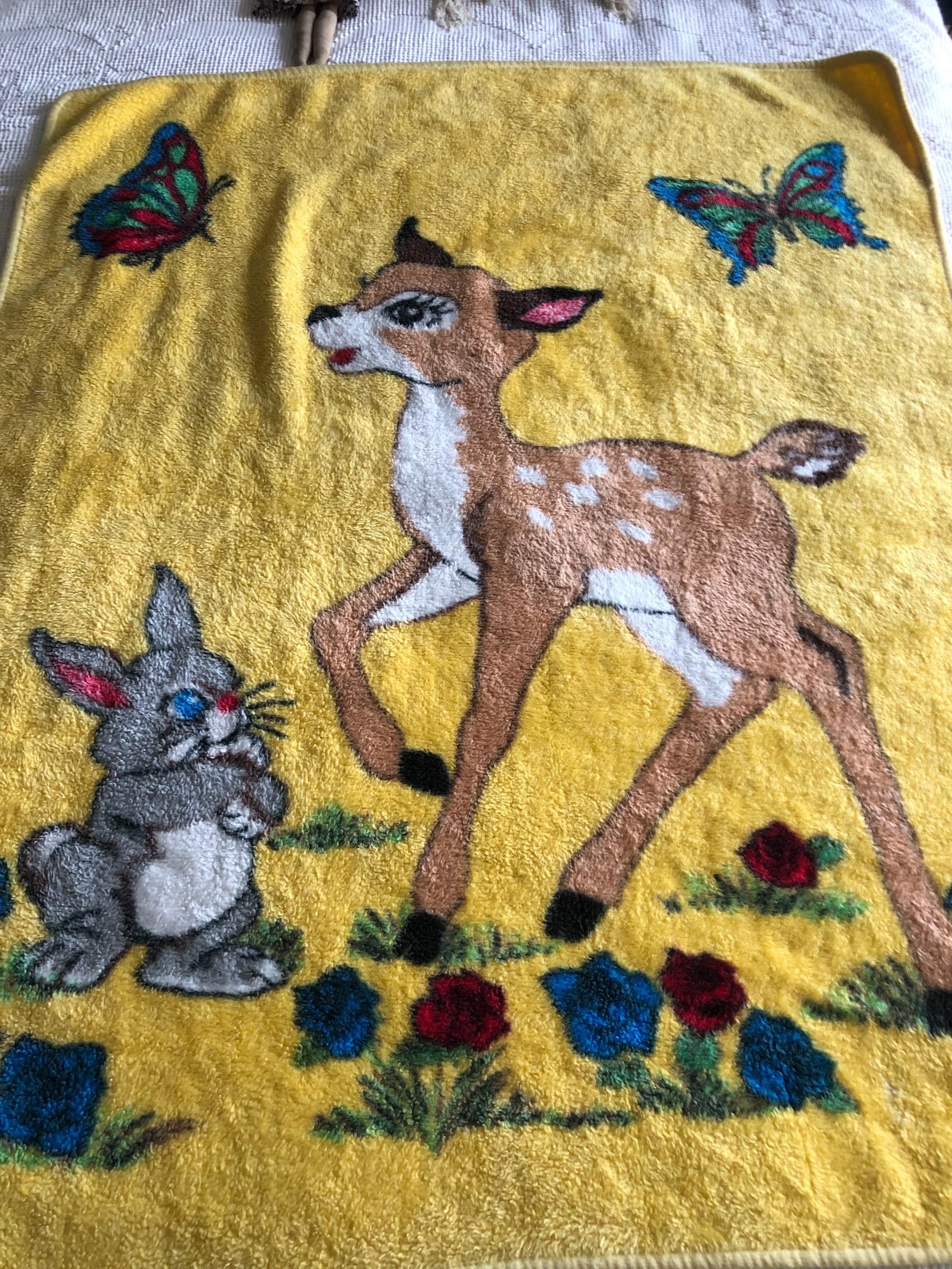 VINTAGE San Marcos Blanket Gorgeous Yellow Bambi Deer N Bunny