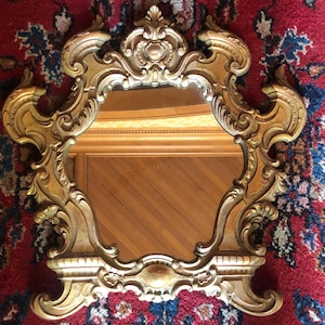 Antique Syroco Gold Gilded Mirror: 1950s Oriental Decor