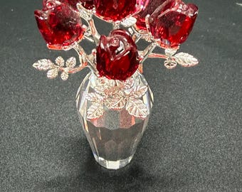 Figura vintage de mini jarrón de rosas de cristal de Swarovski de principios de la década del 2000