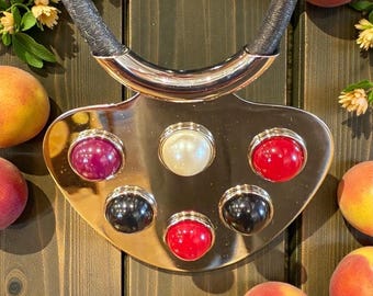 Vintage 1970s LANVIN Couture Necklace, Red Stone Inlay