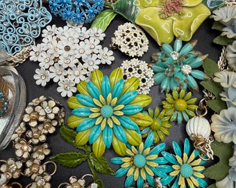 Vintage Enamel Flower Power Jewelry Lot, 70s Costume Pieces