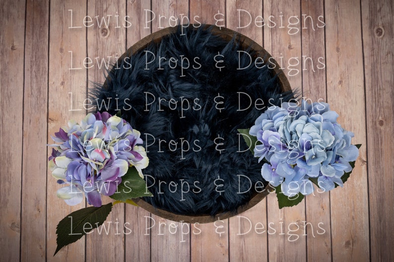 Newborn Photography Digital Background Blue Fur Wood Bucket Prop with Flowers