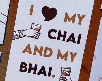 Chai and bhai greeting card | funny Raksha Bandhan greeting card, desi chai lover card for brother from sister, Indian sibling gift idea