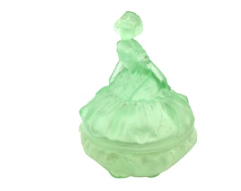 Ramses Paris Girl with Crinoline Glass Powder Jar | Satin Green Glass | Vintage