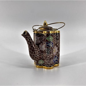 Vintage Chinese Cloisonné Brass and Enamel Flower Double Handle Miniature Teapot