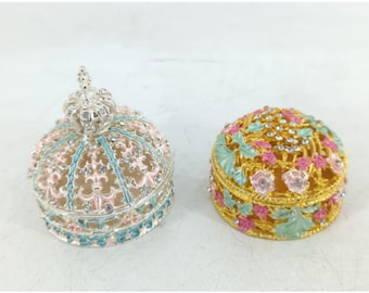 2x Round Crystal Studded Hinged Jewelry Boxes | Vintage
