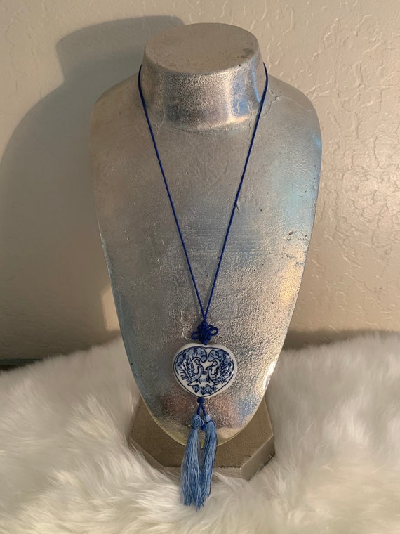 Chinese Blue and White Necklace on Blue Silk Cord