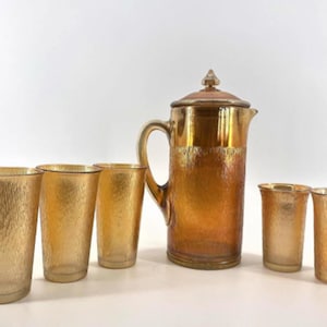 5 Piece Imperial Tree Bark Carnival Glass Pitcher/Cups | Pitcher has a Lid | Vintage