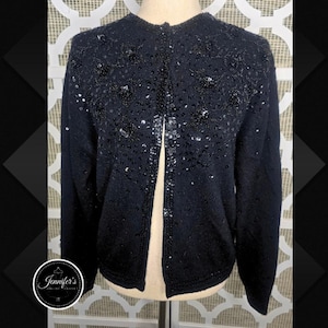 Cécile Bermuda Vintage Black Lambswool Angora Sequin Beaded Cardigan