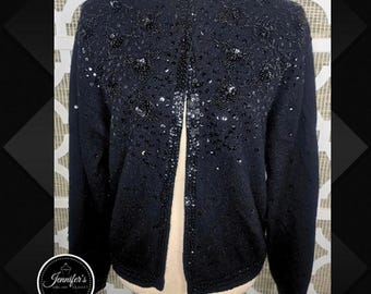 Cécile Bermuda Vintage Black Lambswool Angora Sequin Beaded Cardigan