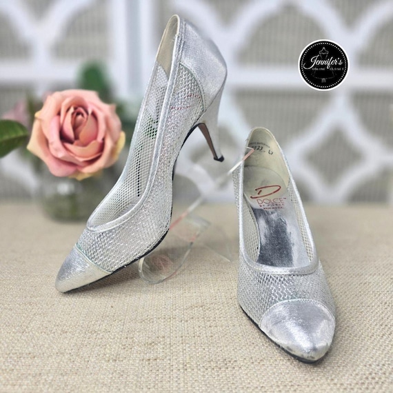 Dolce by Pierre Vintage Rare Silver Fabric Mesh Heels Size