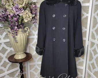 Donnybrook Black Wool Double Breasted Faux Fur Trim Coat