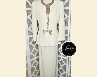Nahdree' by Victor Costa Vintage Off-White Beaded Dress & Jacket Set Size 12