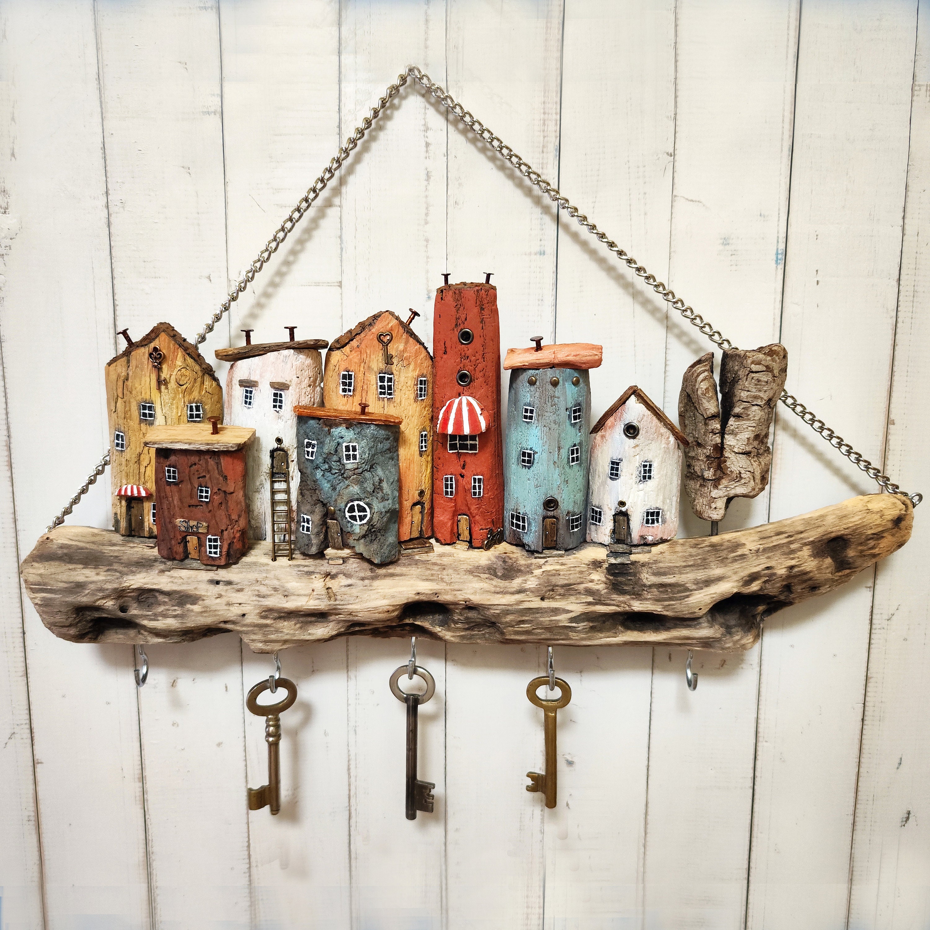 Driftwood Long Key Holder Village Wall Hanging Home Art Decor Nautical Interior Decor Driftwood Town Key Holder Handmade Etsy