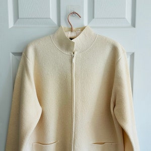 Vintage Eileen Fisher Boiled Wool Jacket With Zipper, Classic Cream Designer Jacket, Size M, Excellent Condition