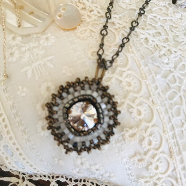 Petite Antique Inspired Pendant, Bead Woven Swarovski Crystal Rivoli Necklace, Vintage Looking Clear Gemstone 16 Inch Chain With Extender