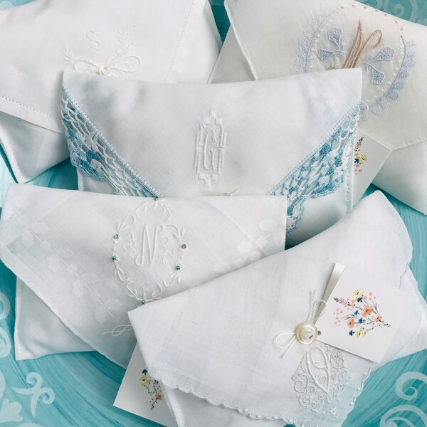 Initial Sachets, Lavender Scented Sachets Made From Vintage Hankies Embroidered With the Initials G, S, N, or V, Bridal Party Gift