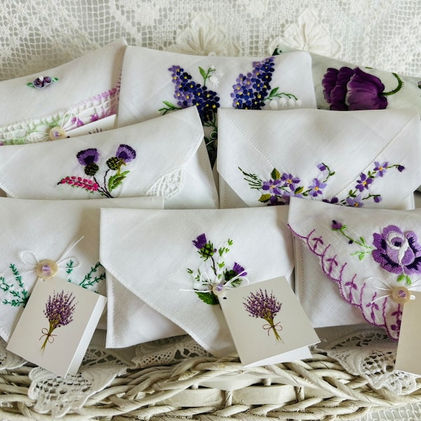 Lavender and White Vintage Hankie Drawer Sachets, Lavender Scented Gift, Bridal Party Gift, Scottish Thistle Sachets, Aromatherapy Gift