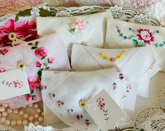 White & Pink Embroidered Drawer Sachets Made From Vintage Hankies, Get Well Gift, Baby Shower Favor, Calming Scented Sachet, Gift for Mom