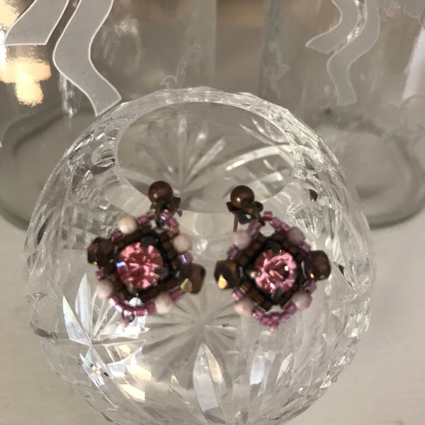 Pink Swarovski Rhinestone Earrings, Victorian Style Beadwoven Earrings, Downton Abbey Inspired Earrings