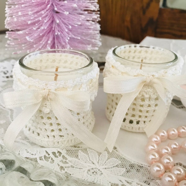 Pair of Crocheted Votives, Vintage Crocheted Candle Holders, Crochet Work Covers & Glass Votives, Boudoir Decor, Dressing Table Decor,