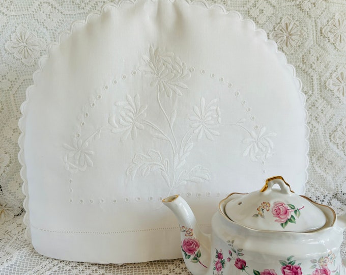 Vintage Whitework Tea Cozy, Floral Embroidered Tea Pot Warmer