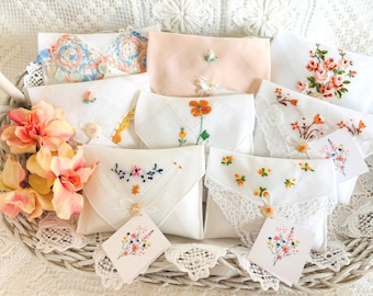 Vintage Hankie Sachets In Shades of Peach, Lavender Scented, Embroidered