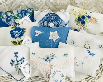 Blue and White Sachets Made From Vintage Hankies, Lavender Scented Drawer Sachets, Shower Favor, Gift Basket Item, Get Well Gift