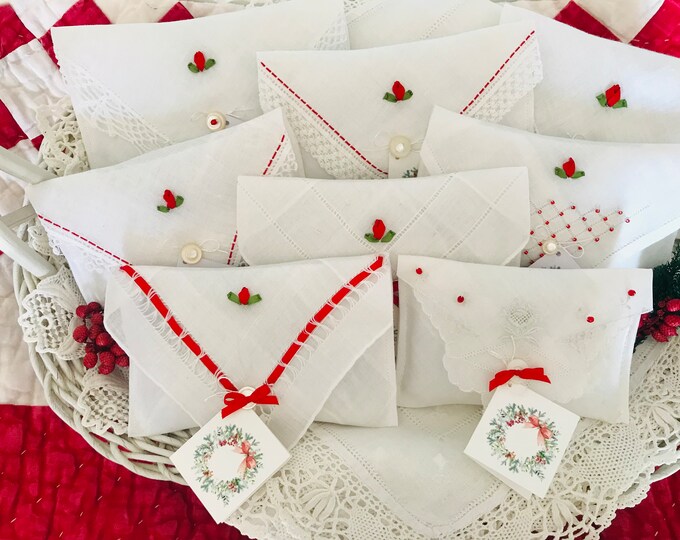 More White and Red Sachets Made From Vintage Hankies, Lavender Scented
