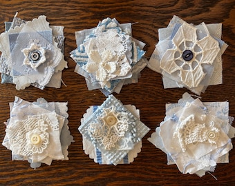 Six Blue Snippet Clusters, Shabby Chic Cluster, Lace & Fabric Snippets, Junk Journal, Slow Stitching, Scrapbooking, Clothing Embellishments