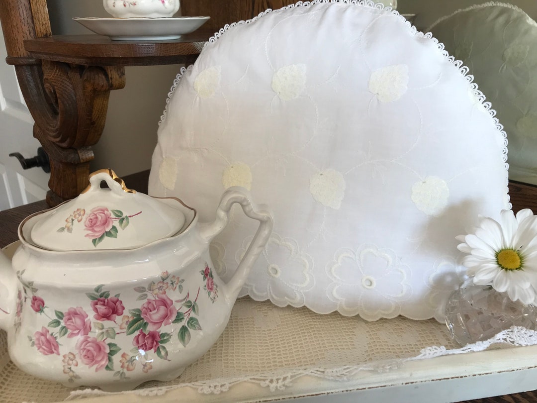 Vintage White Cotton Tea Cozy, Tea Pot Cozy Embroidered With