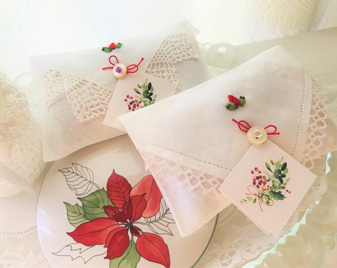More White and Red Sachets Made From Vintage Hankies, Lavender Scented