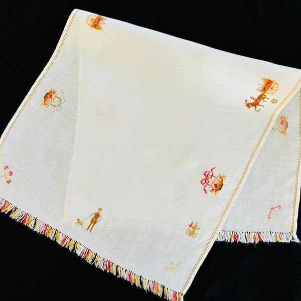 Vintage Light Ivory Linen Table Runner or Dresser Scarf With Colorful Colonial Pettipoint Designs, Midcentury Runner, Retro Dresser Scarf