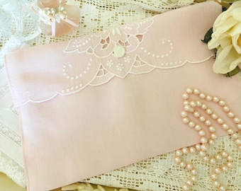 Pouchette, Pink Keepsake Envelope Upcycled from an Antique Linen, Lingerie/Jewelry Bag ,Hanky/Memoribilia Pouch