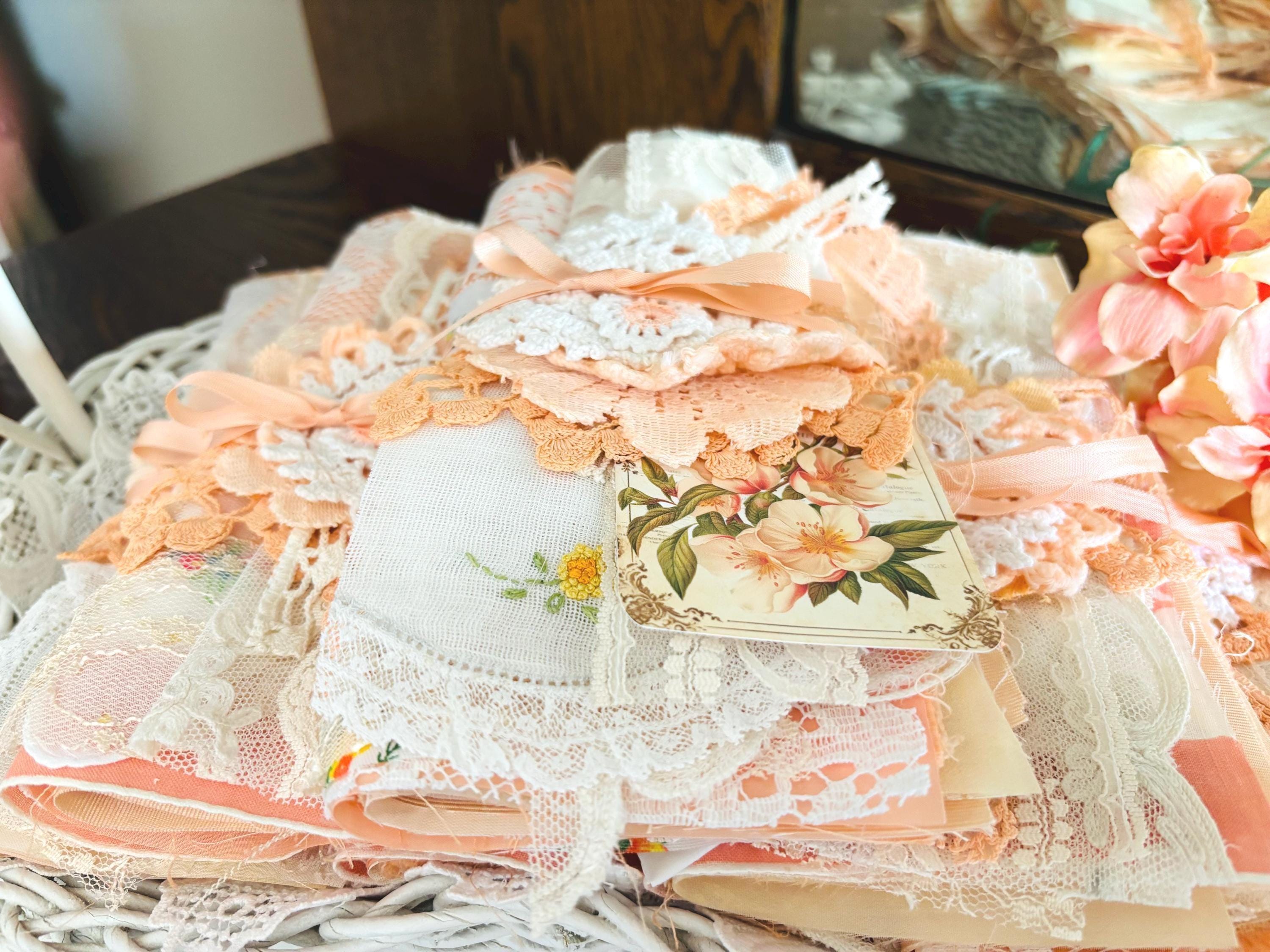 Peach Junk Journal Old Linens & Lace Bundle, Slow Stitching Inspiration Bundle, Collage, Mixed Media, Scrapbooking, Dollmaking, Fabric Arts