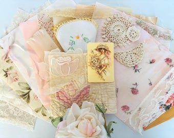 French Pink and Soft Pinky-Peach Old Linens & Lace Bundle, Slow Stitching, Junk Journal, Mixed Media, Scrapbooking, Dollmaking, Fabric Arts