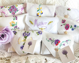 Lavender Scented Hankie Sachet: Vintage Embroidered Drawer Freshener In Shades of Purple