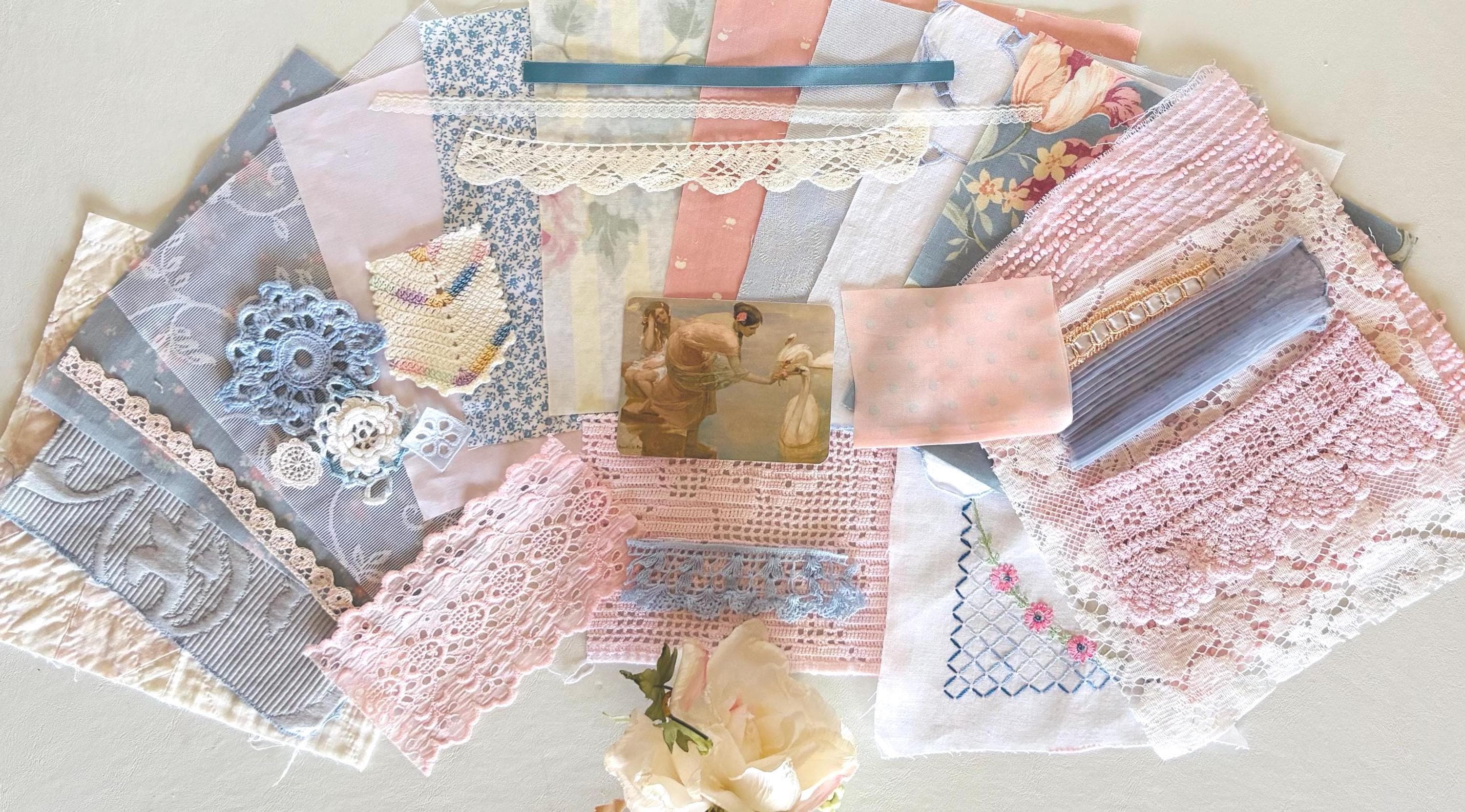 Pink and Cornflower Blue Junk Journal Linens & Lace Bundle, Slow Stitching, Vintage Fabric Embroidery, Mixed Media, Dollmaking