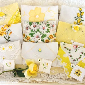 Vintage Hankie Lavender Sachet: Yellow Floral Decor, Mother of Pearl Embellished