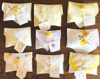 Yellow Lavender Scented Sachet Envelopes Made from Vintage Hankies, Feminine Mother's Day Gift,