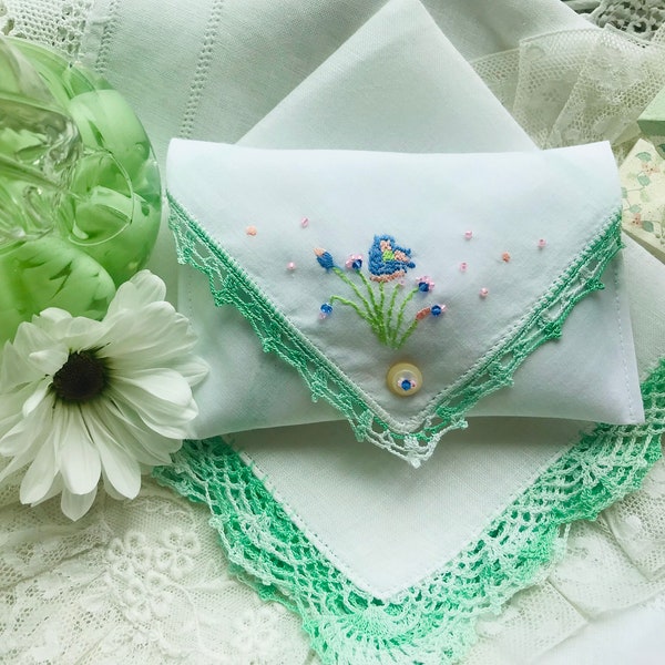 Vintage Hankie and Sachet Set, Green Crocheted White Linen Hankie, Embroidered & Beaded Sachet, St. Patrick's Day Gift, Dressing Table Decor