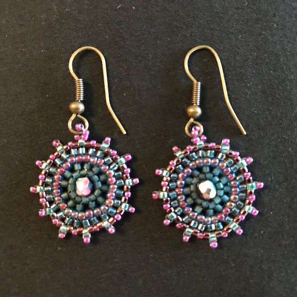 Boho Beaded Earrings, Beadwoven Disc Shaped Drop Earring,